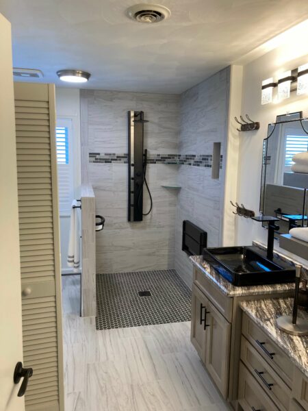 custom tile shower, fold down bench, vessel vanity sinks, glade hill virginia