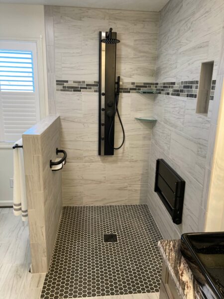 custom tile shower, fold down bench, vessel vanity sinks, glade hill virginia