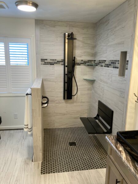 custom tile shower, fold down bench, vessel vanity sinks, glade hill virginia