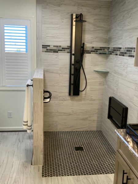 custom tile shower, fold down bench, vessel vanity sinks, glade hill virginia