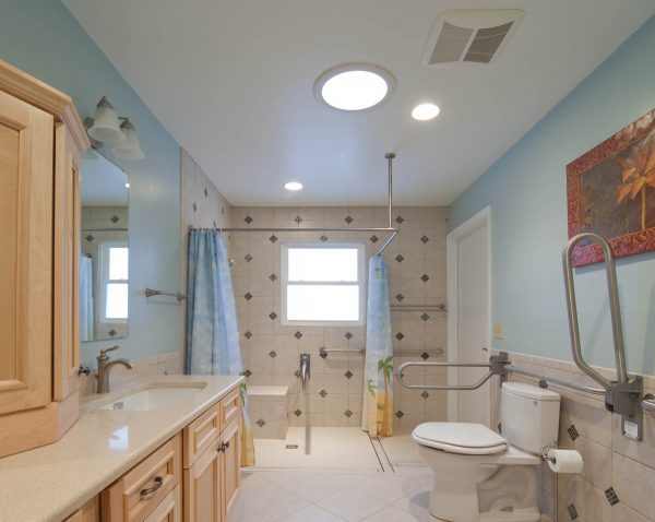 custom wheelchair accessible curbless shower grab bars roll under sink aging in place bathroom blue ridge virginia