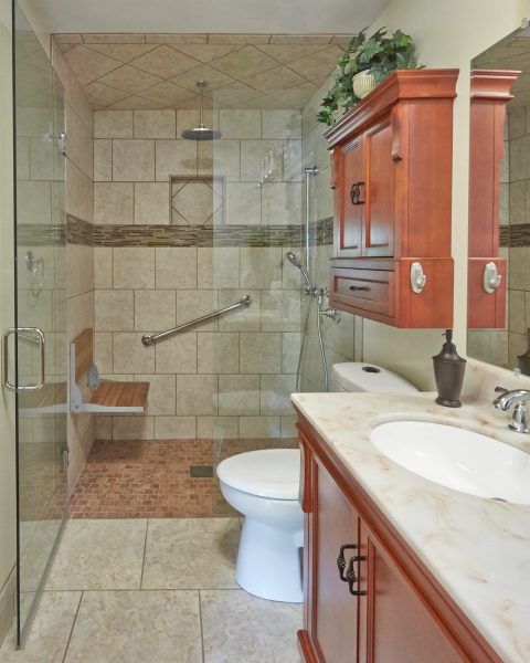 custom tile curbless shower wheelchair accessible wood fold down seat grab bars aging in place bathroom roanoke virginia